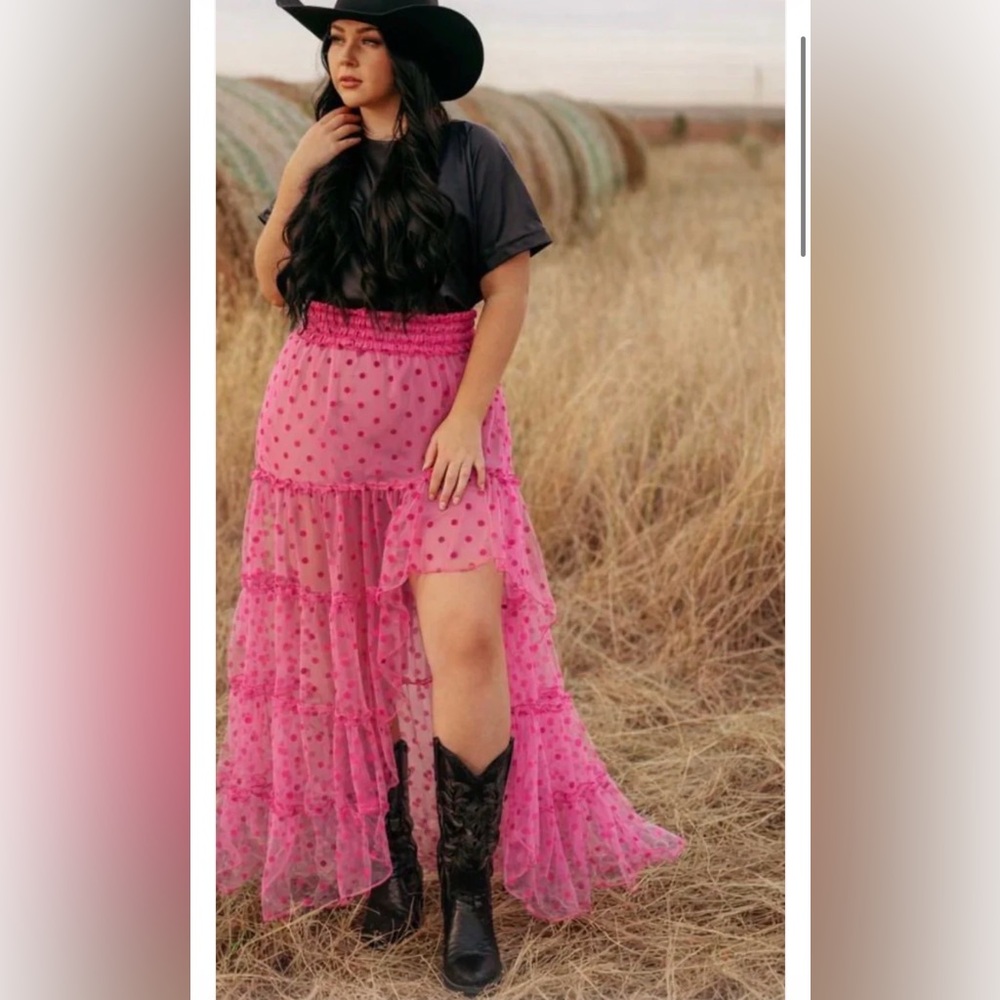 Pink Polka Dot Maxi Skirt sheer nwt